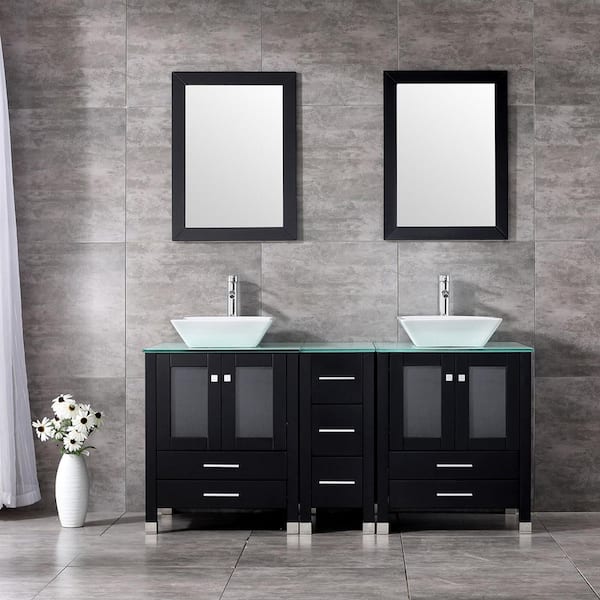 60.1 in. D x 21.7 in. W x 29.5 in. H 2 Sink Black Bathroom Vanity Big Storage Bathroom Vaniy Green Glass Top and Mirror