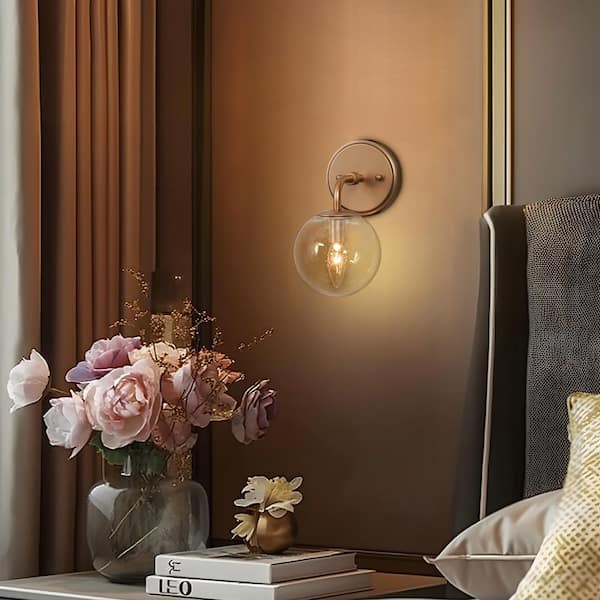 5.5 in. 1-Light Gold Wall Sconce with Seeded Glass Shade