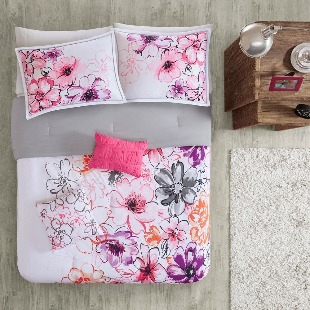 Pink Floral Microfiber Twin/Twin XL Comforter Set with Decorative Pillows