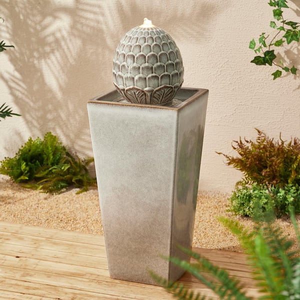 Glitzhome 35.75 in. H Oversized Sand Beige Artichoke Pedestal Ceramic Fountain with Pump and LED Light (KD)