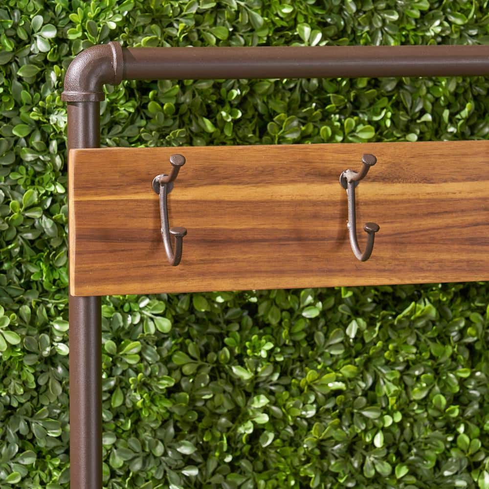Teak and Rustic Metal Outdoor Bench with Shelf and Hooks