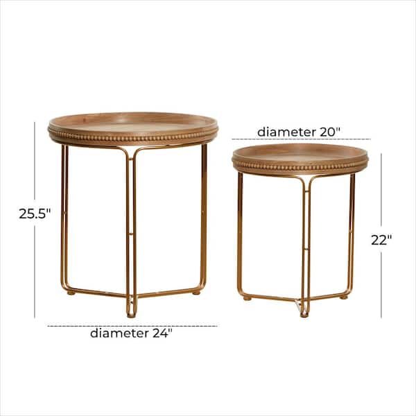 24 in. Brown Beaded Nesting Large Round Wood End Accent Table with Gold Metal Base (2- Pieces)