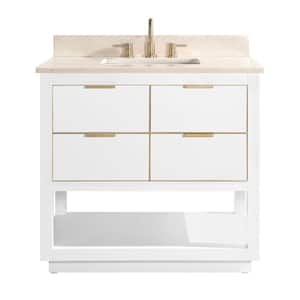 Allie 37 in. W x 22 in. D Bath Vanity in White with Gold Trim with Marble Vanity Top in Crema Marfil with White Basin