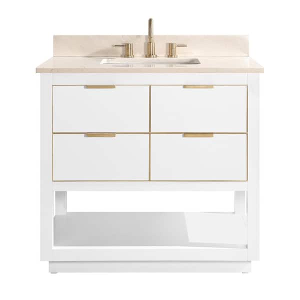 Avanity Allie 37 in. Single Sink White with Gold Trim Bath Vanity with Crema Marfil Marble Top