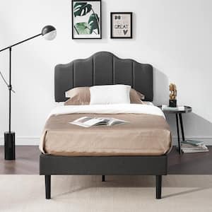 Twin Size Platform Bed Frame 39.3 in. W with Headboard Fabric Upholstered No Box Spring Needed Wood Slat Support Gray