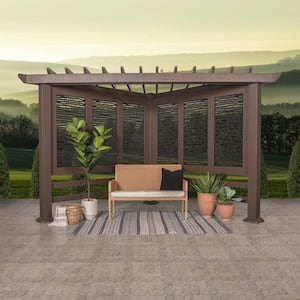 Hampton 8 ft. x 8 ft. Brown Steel Traditional Cabana Pergola with Black Privacy Panels
