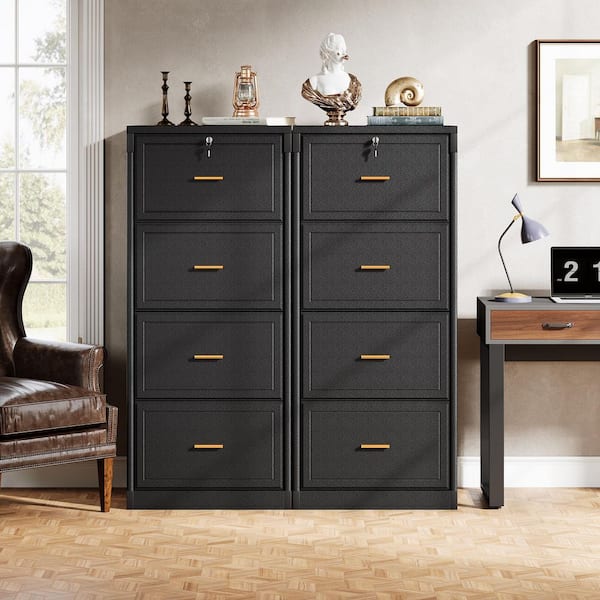 Atencio 4-Drawer Black 2-Pcs Wood 23 in.W Vertical Simple Modern Industrial File Cabinet Printer Stand Pedestal Set of 2