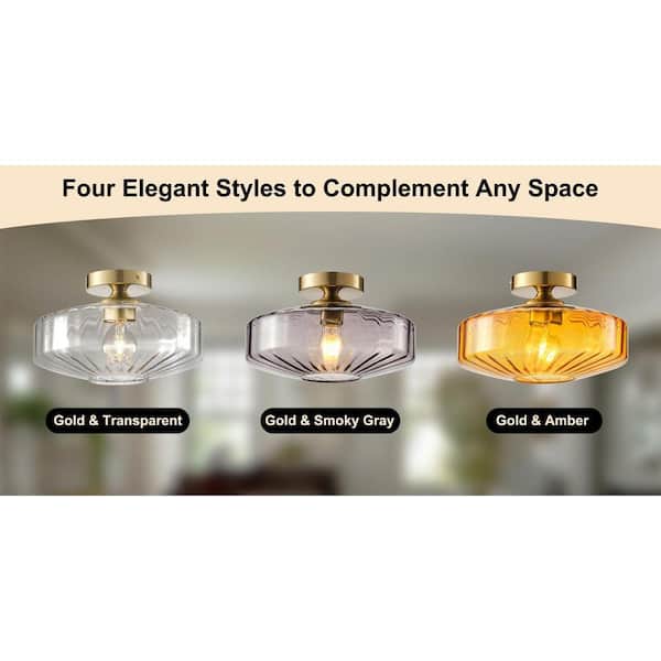 GoYeel 11.81 in. 1-Light Gold Modern Vintage Amber Ribbed Glass