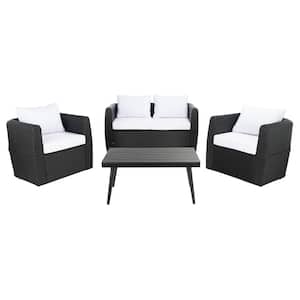 Tarien Black 4-Piece Wicker Patio Conversation Set with White Cushions