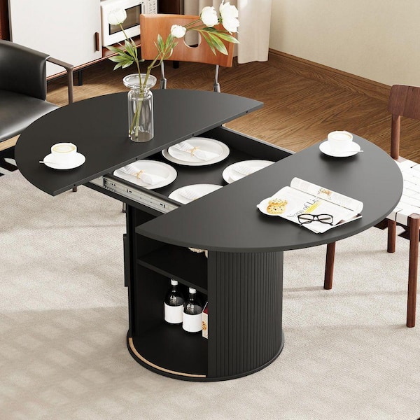 43.3" to 59" Black Extendable Round Dining Table with Storage Cabinet, Vertical Fluted Cylinder Base MDF Kitchen Table