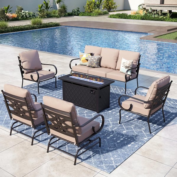 PHI VILLA Black Metal 7 Seat 6-Piece Steel Outdoor Fire Pit Patio Set with Beige Cushions, Black Rectangular Fire Pit Table