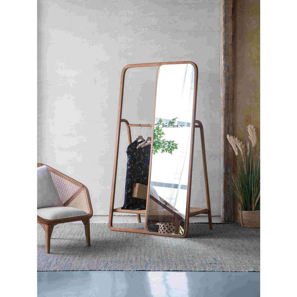 Oversized Brown Wood Framed Standing Mirror with Clothes Hanger