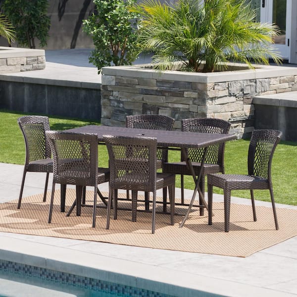 Noble House Pilar Multi-Brown 7-Piece Faux Rattan Outdoor Dining Set