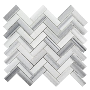 Zebra Plains Gray 12.875 in x 11.125 in. Herringbone Polished Marble Wall and Floor Mosaic Tile (0.994 sq. ft./Each)