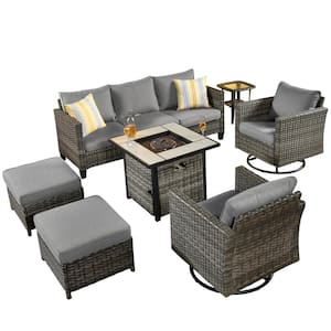 New Vultros Gray 7-Piece Wicker Patio Firepit Conversation Seating Set with Dark Gray Cushions and Swivel Rocking Chairs