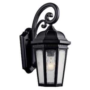Courtyard 17.75 in. 1-Light Textured Black Outdoor Hardwired Wall Lantern Sconce with No Bulbs Included (1-Pack)