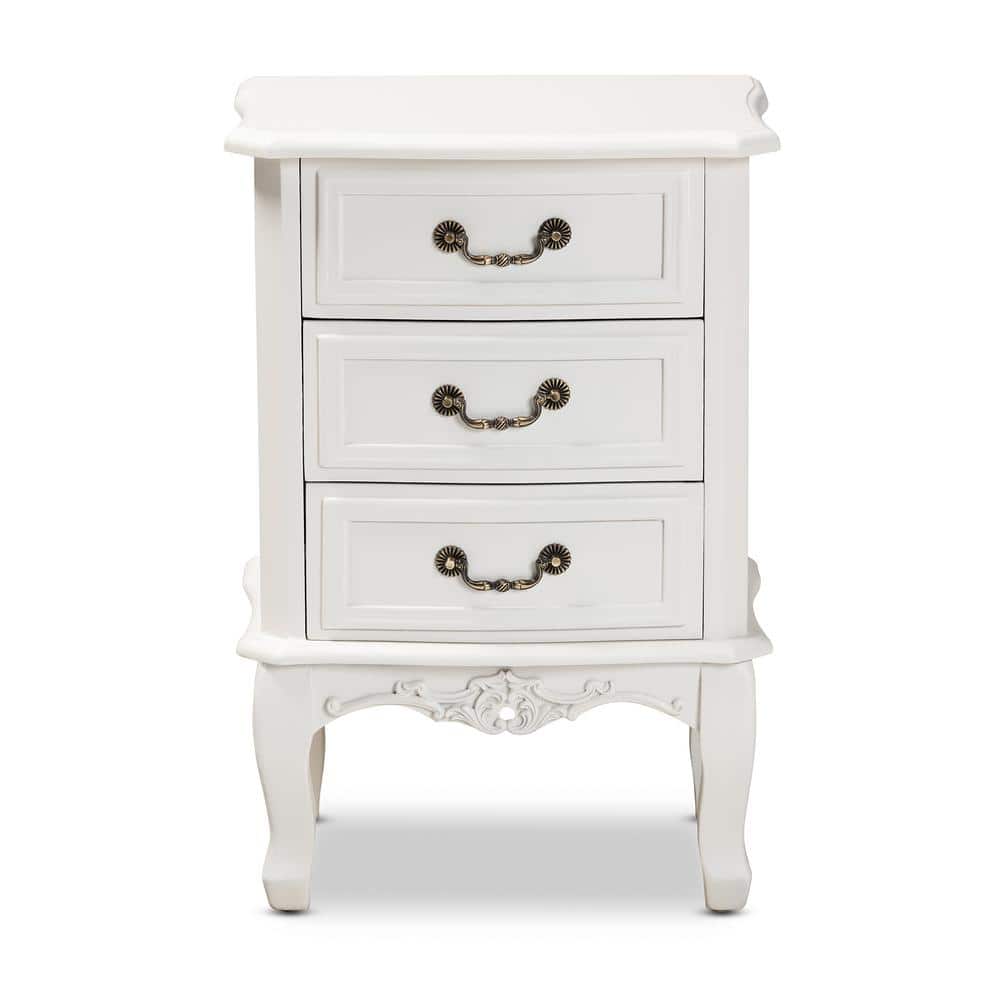 White 3-Drawer French Country Wood Nightstand