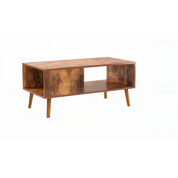 ULSMVOC SMT 39 in. Wood Grain Brown Rectangle Mid-Century Modern Wooden Coffee Table with Open Storage Shelf