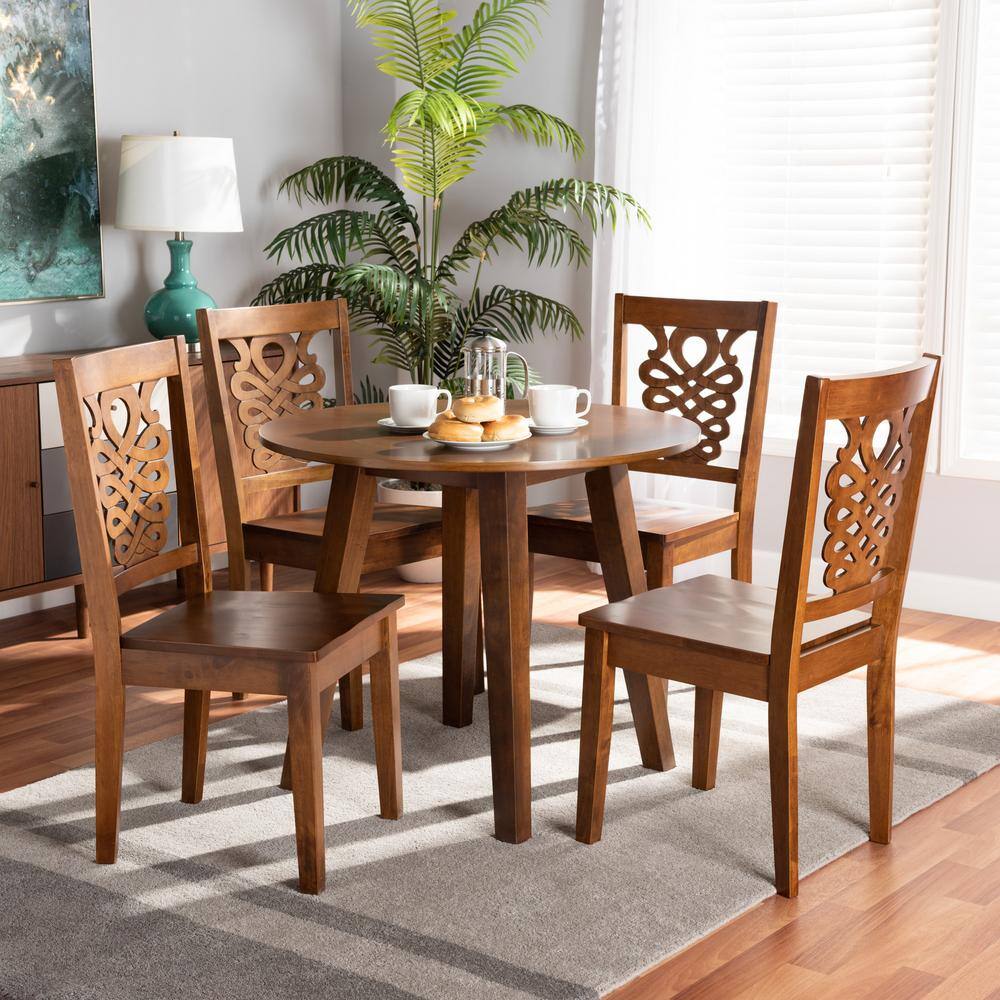 Walnut Brown Finished Wood 5-Piece Dining Set with Geometric Cut Out Chairs