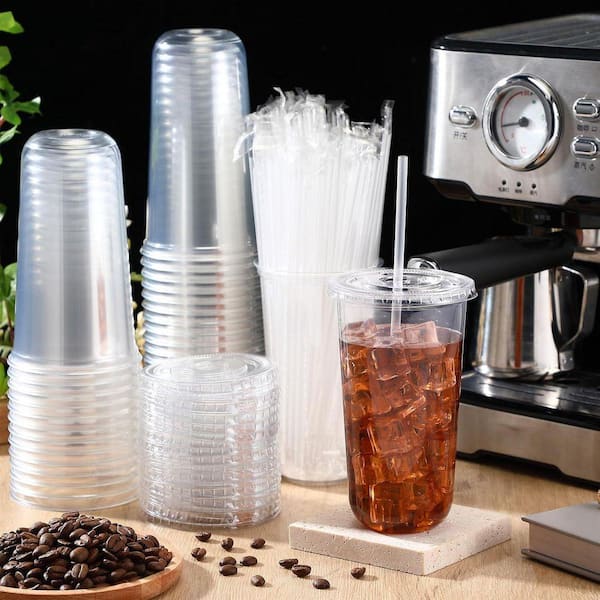 3.6 in. Clear Transparent Disposable PET Plastic Cups with Lids and Straws Drinking Cold Party 50 Per Case