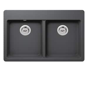 Dual Mount Quartz 33 in. 50/50 Double Bowl Kitchen Sink in Gray