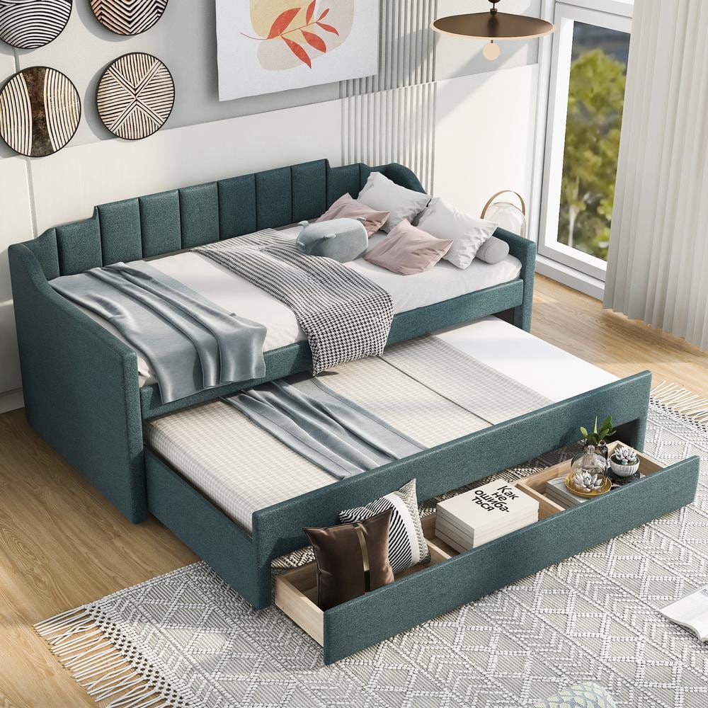 Harper & Bright Designs Channel-Tufted Green Wood Frame Twin Size Linen ...