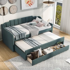 Channel-Tufted Green Wood Frame Twin Size Linen Upholstered Daybed with Twin Size Trundle and 3-Drawer