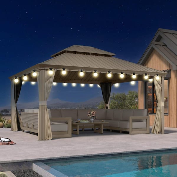 13 ft.x15 ft. Champagne Luxury Aluminum Frame Hardtop Gazebo for Patio Backyard Netting Hooks Upgraded Curtain 36 Lights