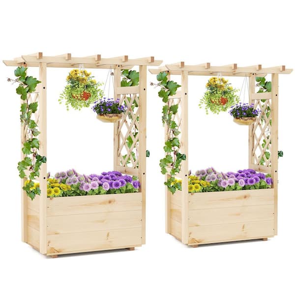 2-Pieces Natural Wooden Raised Garden Bed/Lattice Trellises Hanging Roof Drainage Outdoor 21 in. x 11 in.