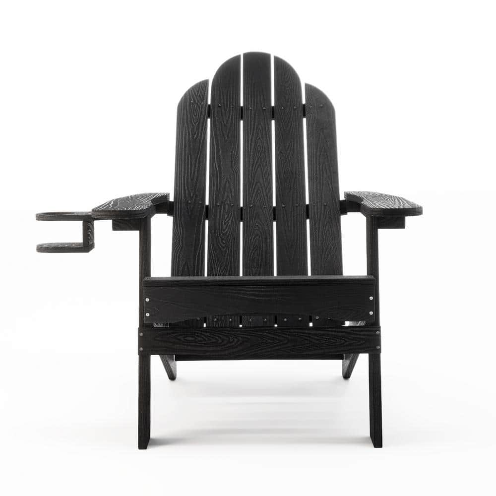 Black Foldable Poly Adirondack Chairs with Cup Holder, Set of 4