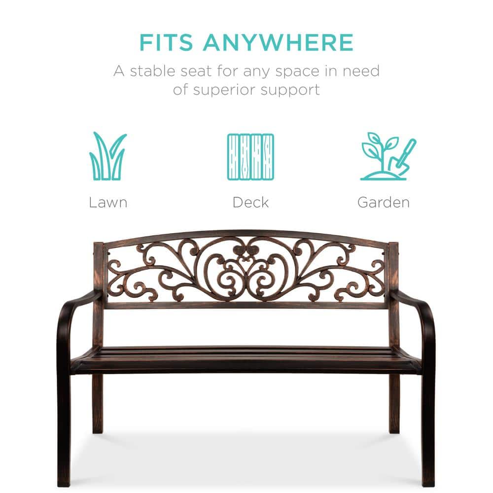 Bronze Floral Design Outdoor Steel Bench with Slatted Seat