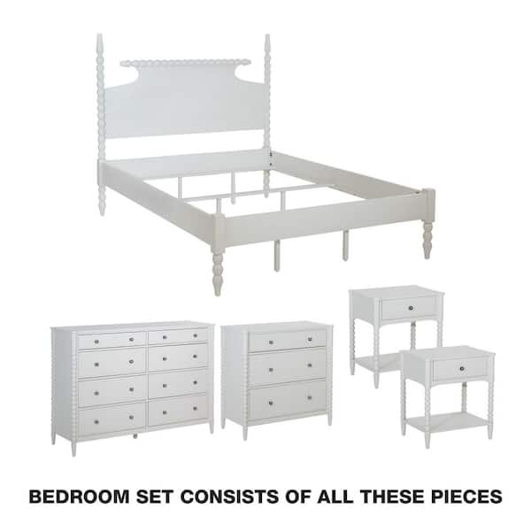 Spindle 5-Piece Sandcastle Antique White King Bedroom Set with Nightstands, Dresser and Chest