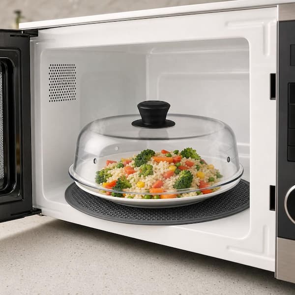 Numhew 10 in. Glass Microwave Splatter Cover Lid with Easy Grip Silicone Handle Knob, Borosilicate Glass with Vent Hole