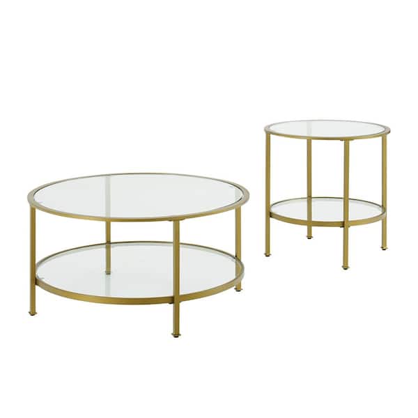 CROSLEY FURNITURE Aimee 2-Piece Gold Round Glass Coffee Table Set with Shelf