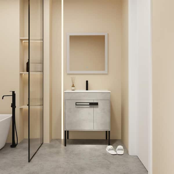 Unbranded 30 in. W x 18 in. D x 35 in. H Freestanding/Wall Single Sink Bath Vanity in Cement Grey with Ceramic Top in. White