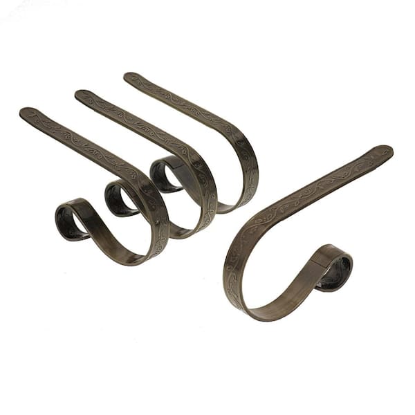 2.5 in. Metal Antique Brass Embossed Holly Stocking Holder (4-Pack)