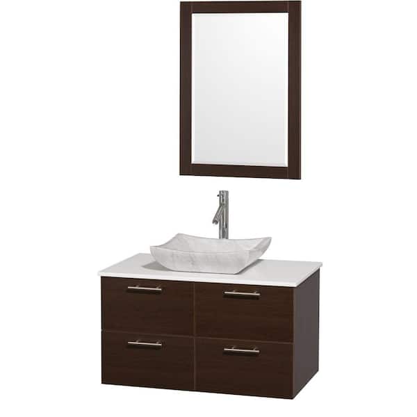 Wyndham Collection Amare 36 in. Vanity in Espresso with Man-Made Stone Vanity Top in White and Carrara Marble Sink