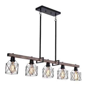 47 in. 5-Light Matte Black Island Chandelier, Farmhouse Faux Wood Pendant Hanging Light for Dining Room, Kitchen Island