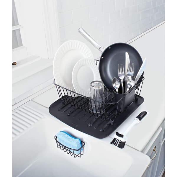 Rubbermaid Antimicrobial Sink Dish Rack Drainer Set, Black, 4