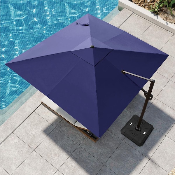 Pellebant 11 ft. Square Aluminum Large Outdoor Adjustable Tilt Cantilever Patio Umbrella in Navy Blue with Umbrella Base