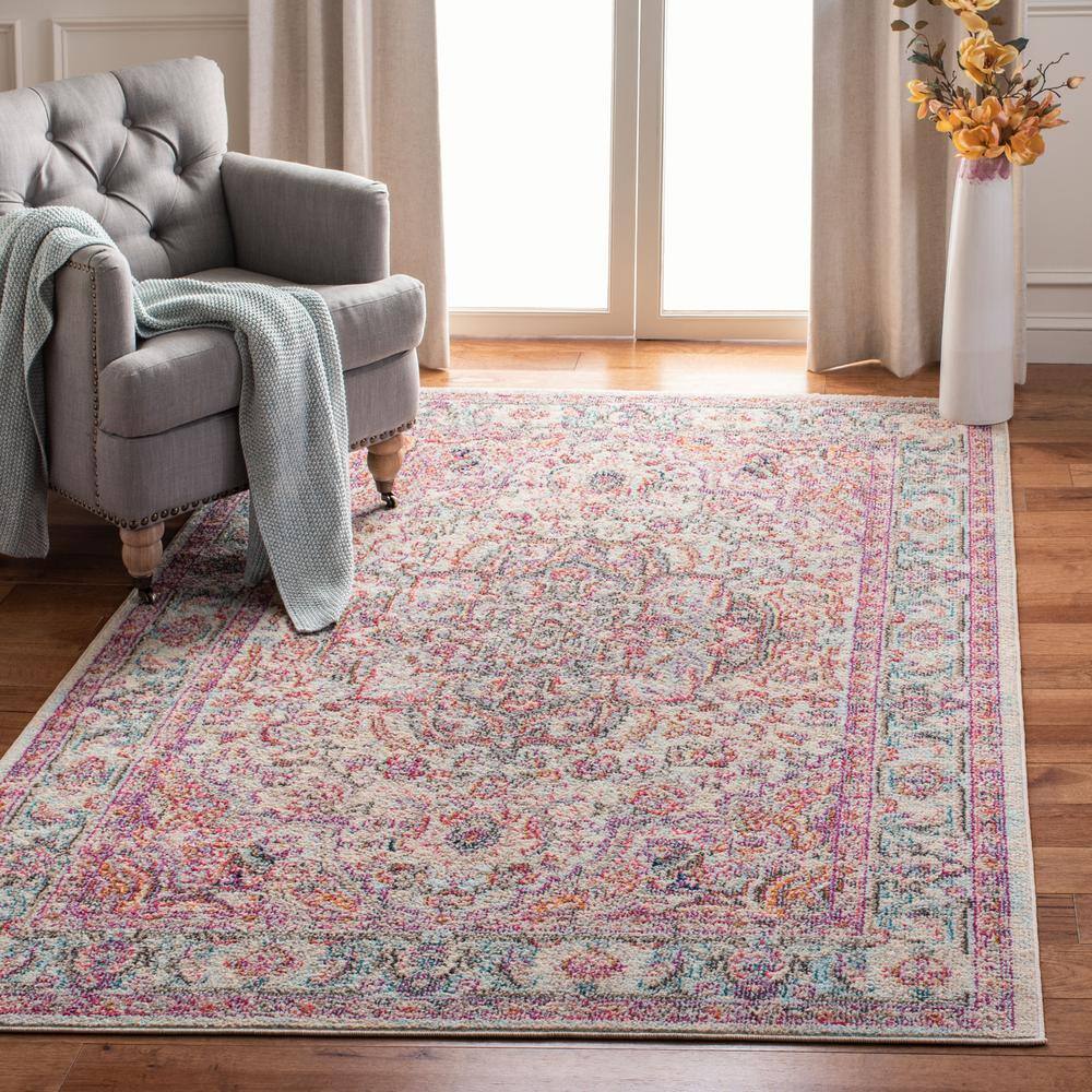 Beige and Fuchsia Geometric Rectangular Area Rug