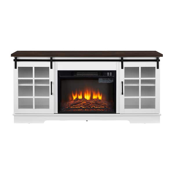 ToolCat 59 in. Freestanding Sliding Door TV Stand with 23 in. Fireplace, Large Storage Cabinet,TV up to 65 in.,White