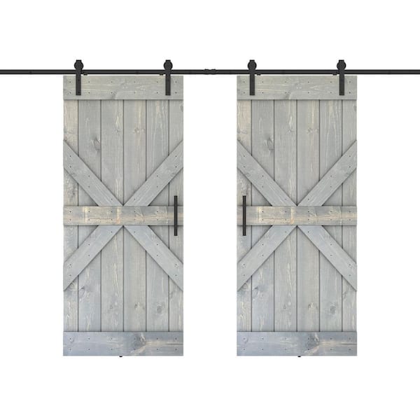 Dessliy Mid X 56 in. x 84 in. Fully Set Up Weather Grey Finished Pine Wood Sliding Barn Door with Hardware Kit