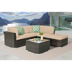 4-Pieces Rattan Wicker Outdoor Sofa Set Patio Conversation Furniture with Beige Cushions and Coffee Table