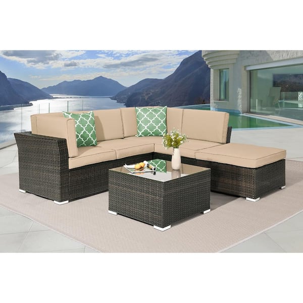 Sonkuki 4-Pieces Rattan Wicker Outdoor Sofa Set Patio Conversation Furniture with Beige Cushions and Coffee Table
