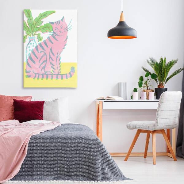 Modern Pink Cat & Plant by Hannah Moren Unframed Animal Graphic Art Print 45 in. x 30 in.