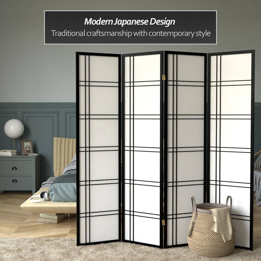 Black Hardwood and Rice Paper 4-Panel Shoji Room Divider