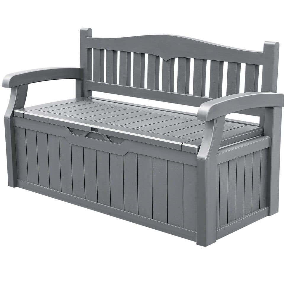 80 Gal. Gray Plastic Outdoor Bench with Back and Armrest, Storage Bench Dec