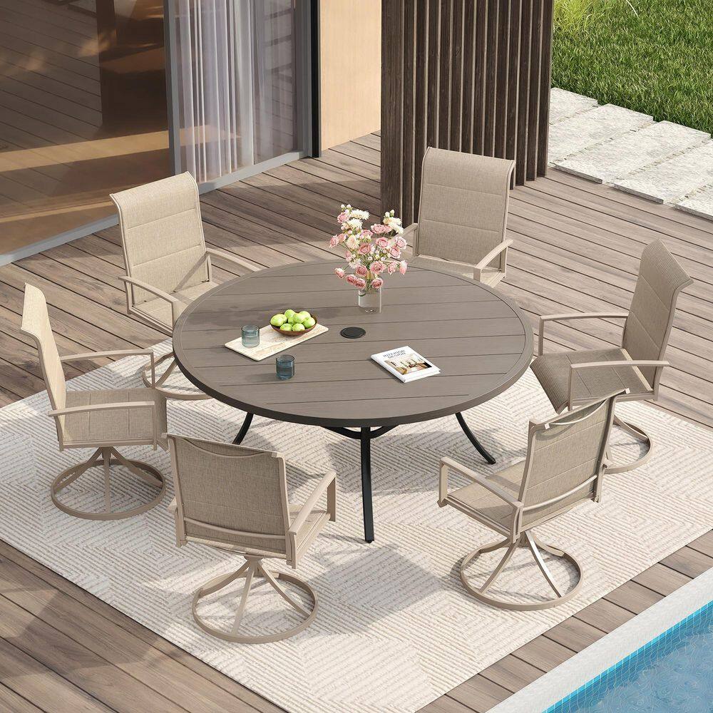 7-Piece Metal Outdoor Dining Set with Gray Wood-Like Round Table and 6 Sandshell Swivel Dining Chairs for 6 Person price history on PriceWatchPro