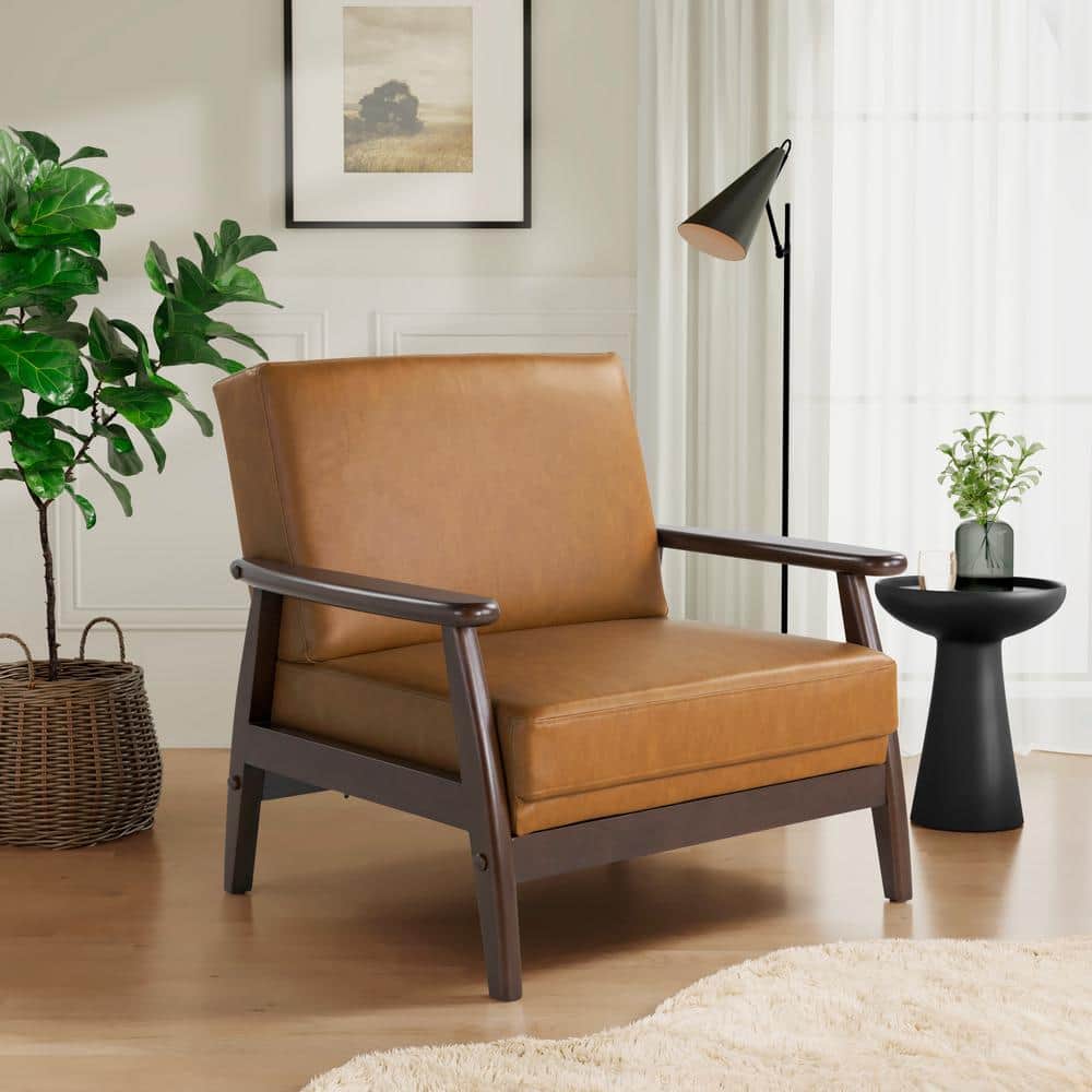 Caramel Faux Leather Barrel Accent Chair with Wood Frame